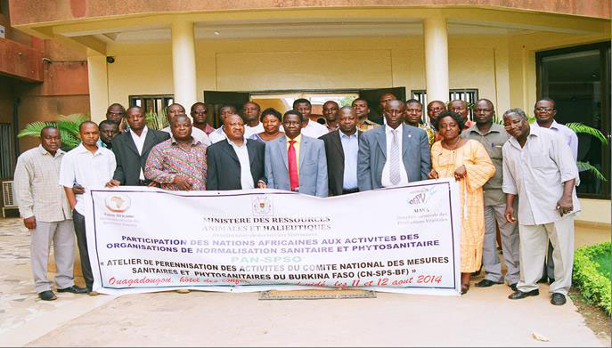 © 2014 AU-IBAR. Group Photo.The workshop on exit strategy for the national SPS Committee of Burkina Faso was held on 11th and 12th August 2014 at Hôtel des conférences ouind yidé in Ouagadougou, Burkina Faso.  Twenty seven members of the national SPS committee (NSPSC) of Burkina Faso and two representatives of AU-IBAR attended the workshop.  The opening ceremony was chaired by Mr. Lucien SAWADOGO, 