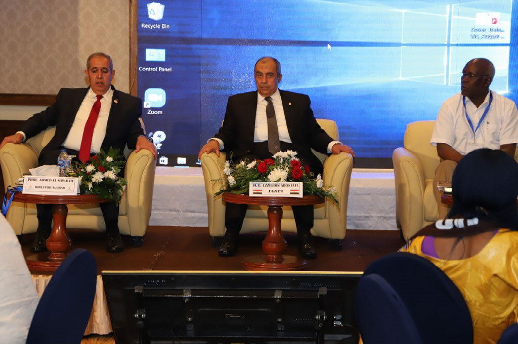 © 2019 AU-IBAR. Day One: Official Opening of the Stakeholders Stocktaking Exercise to Define Intervention Areas along Selected Priority Livestock Value Chains, from left to Right: Director, AU-IBAR, Prof. Ahmed Elsawalhy; Minister of Agriculture and Land Reclamation, H.E. Prof Dr. Ezz El Din Abostate; EU Representative, Mr. Njurua Mwangi. 